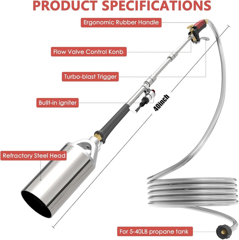 ACOVER Propane Torch Weed Burner Kit, 40'' Long Arm Heavy Duty Blow Torch with 10FT Weave Hose，Flame Control and Turbo Trigger Push Button Igniter For Ice Snow Road,Weeding,Asphalt,Road Marking - Image 2